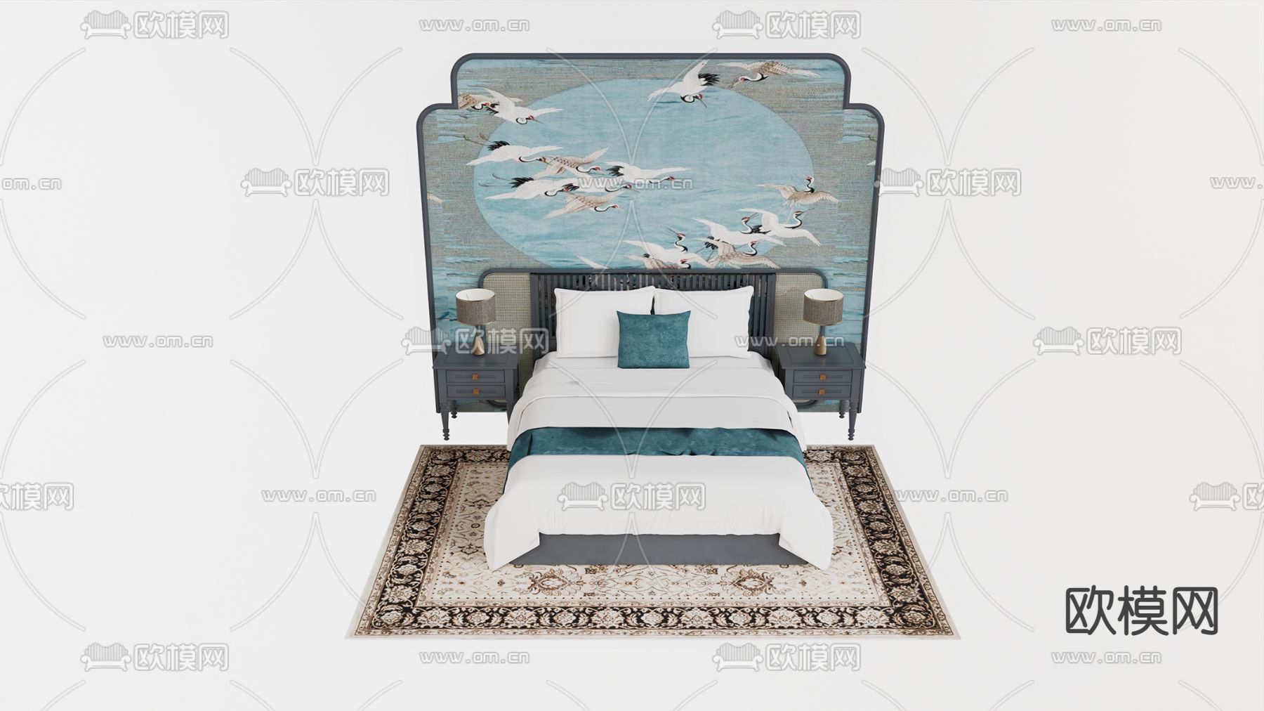 新中式双人床su模型下载（渲染图2）