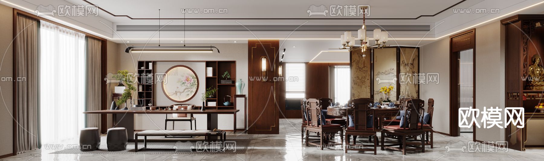 中式客餐厅3d模型下载（渲染图2）