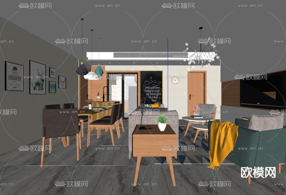 北欧客厅餐厅su模型下载（渲染图2）