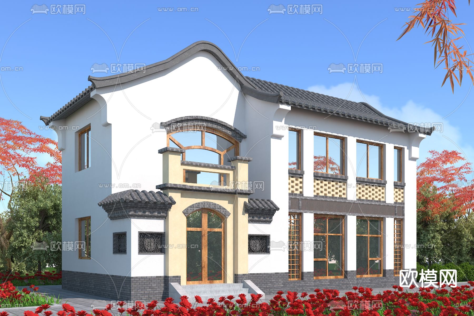 中式独栋别墅建筑外观3d模型下载