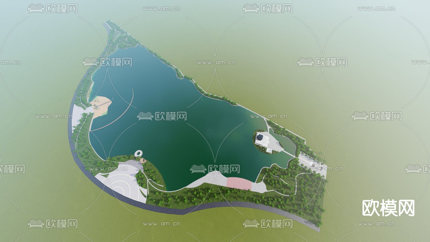 中式古建滨水公园su模型下载（渲染图3）