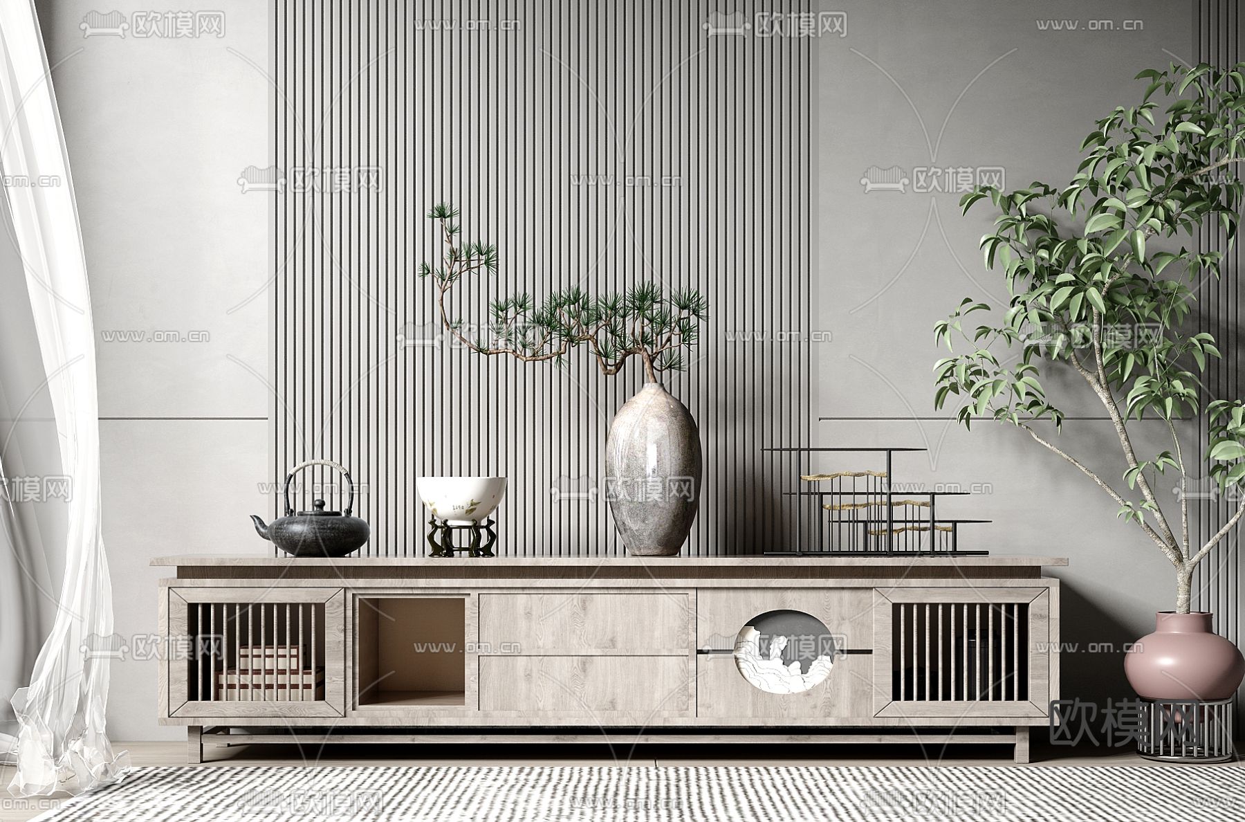 新中式电视柜3d模型下载