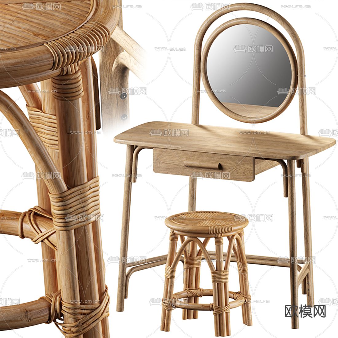 北欧藤编梳妆台 化妆台3d模型下载（渲染图1）