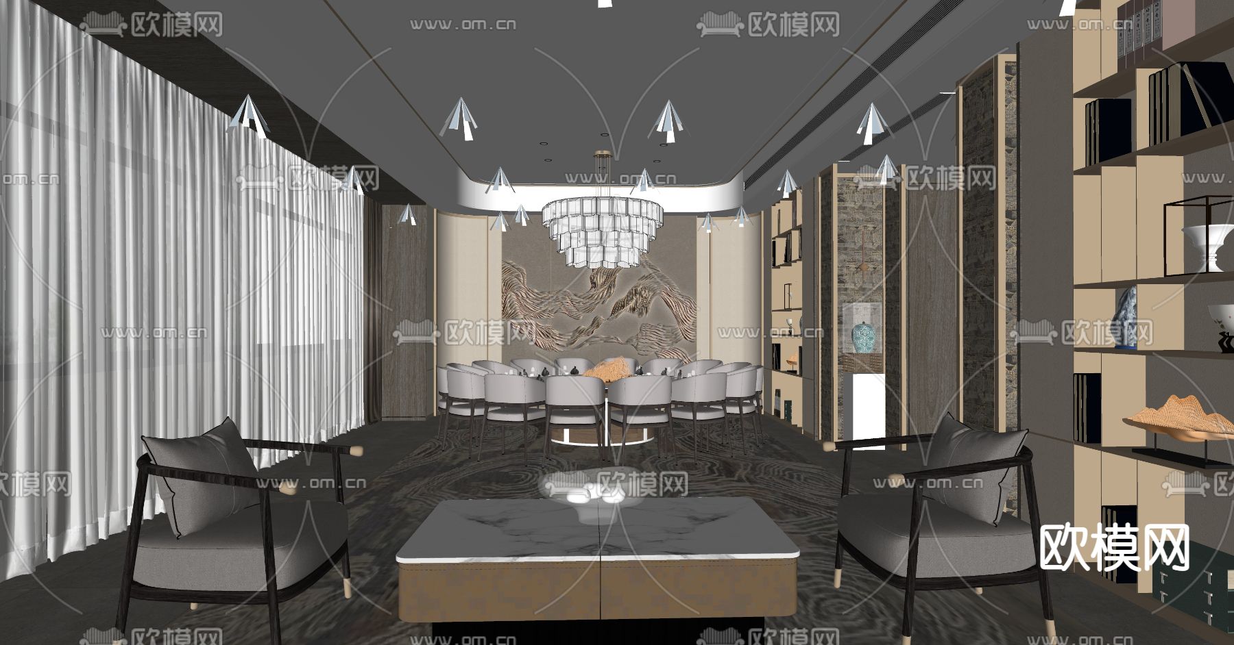 新中式餐厅包厢su模型下载（渲染图2）