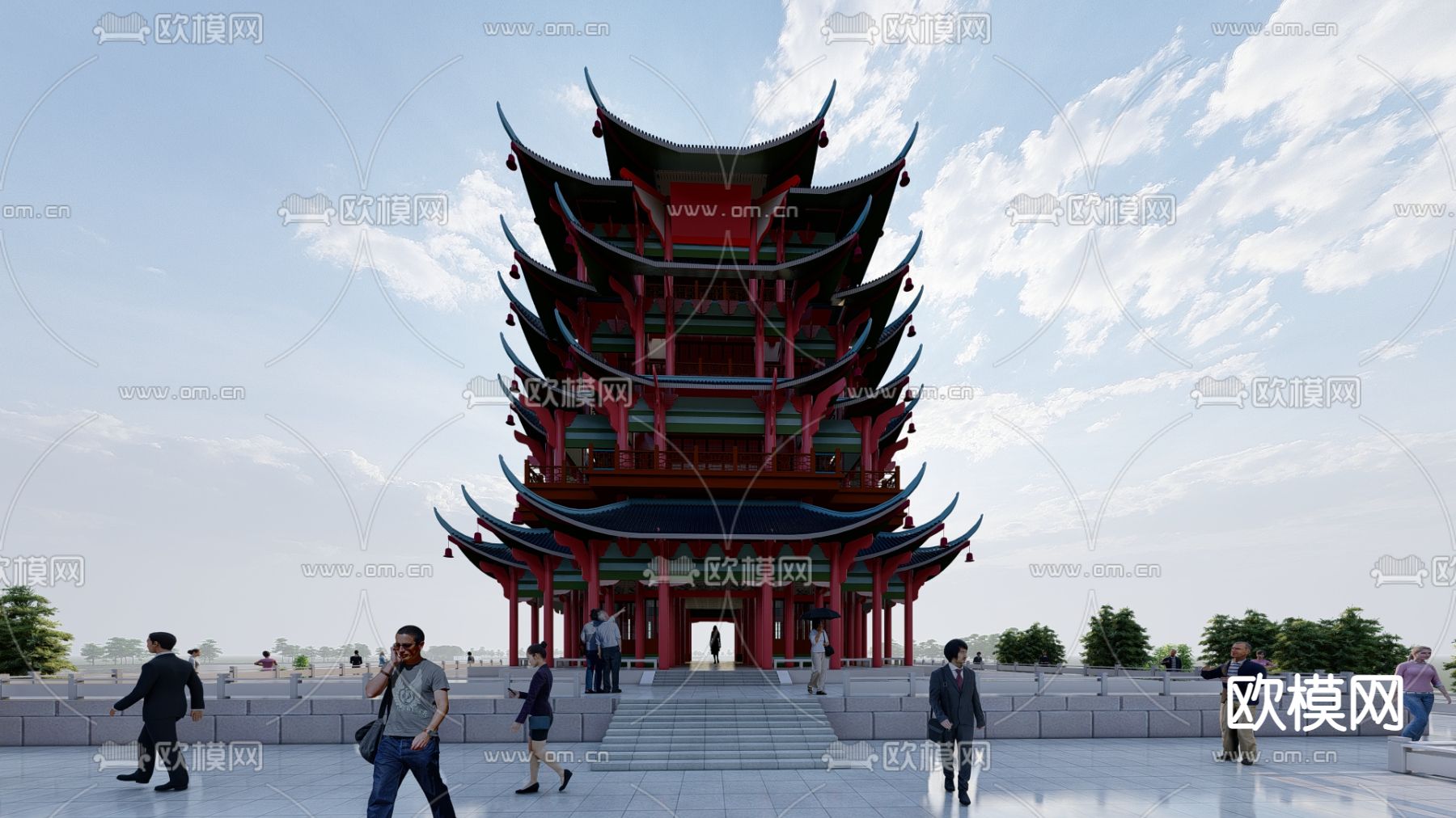 中式古建滨水公园su模型下载（渲染图4）