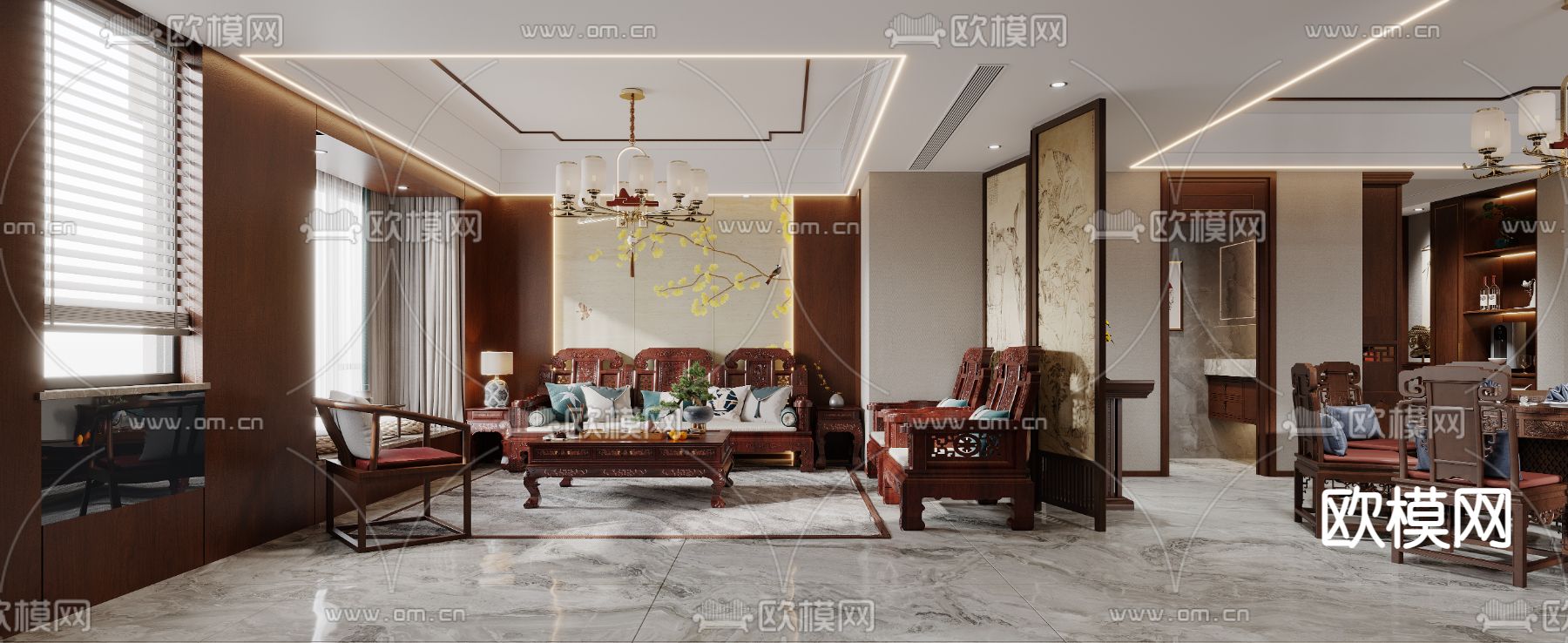 中式客餐厅3d模型下载（渲染图1）