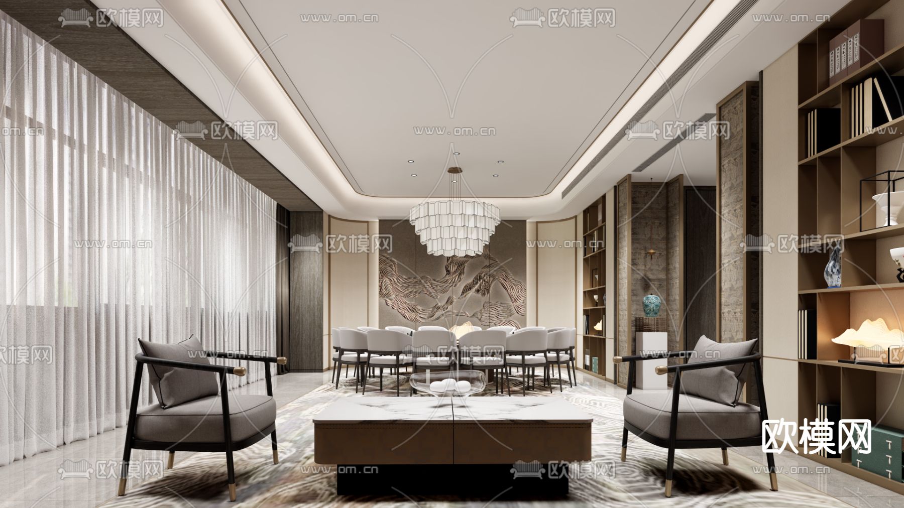 新中式餐厅包厢su模型下载（渲染图1）