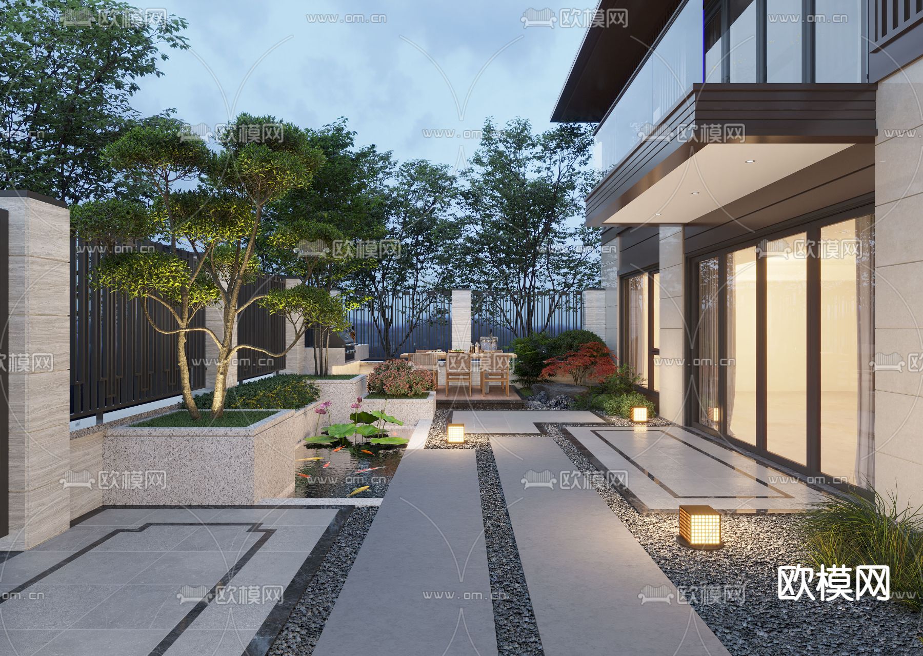 现代别墅庭院 花园夜景3d模型下载_ID12176356_3dmax免费模型-欧模网