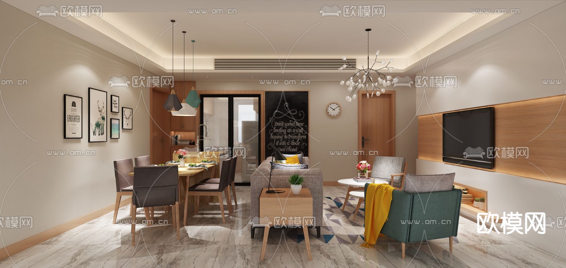 北欧客厅餐厅su模型下载（渲染图1）