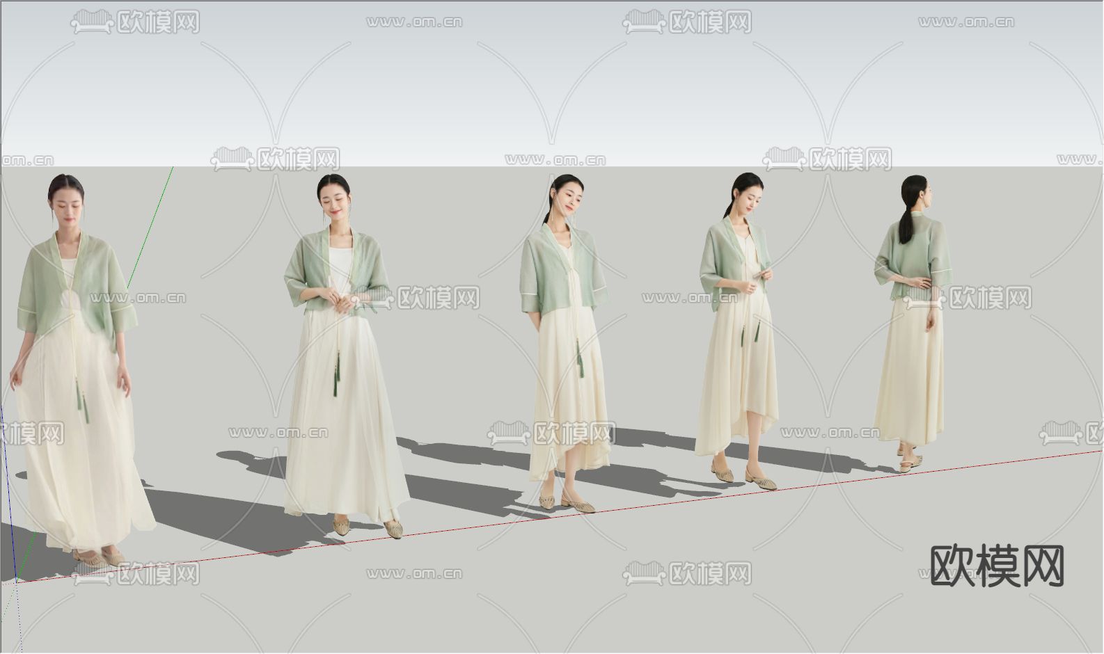 新中式2D美女人物su模型下载（渲染图2）