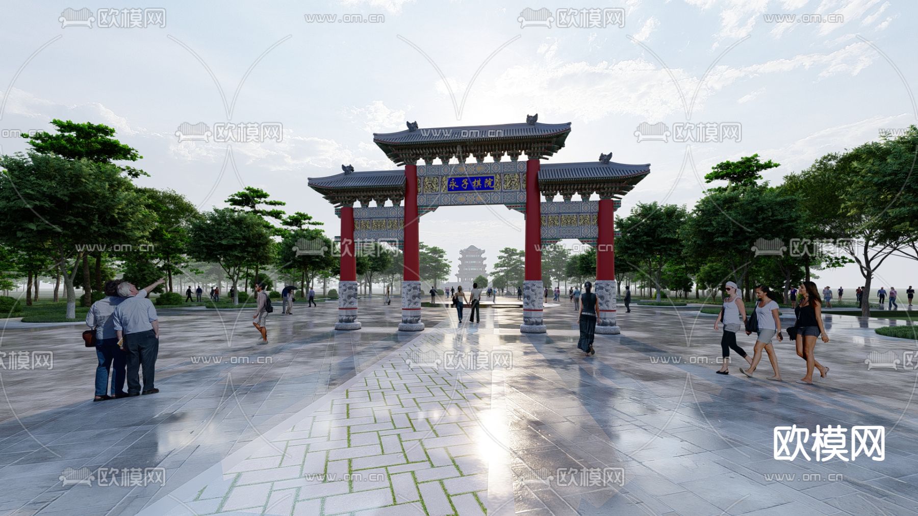 中式古建滨水公园su模型下载（渲染图2）