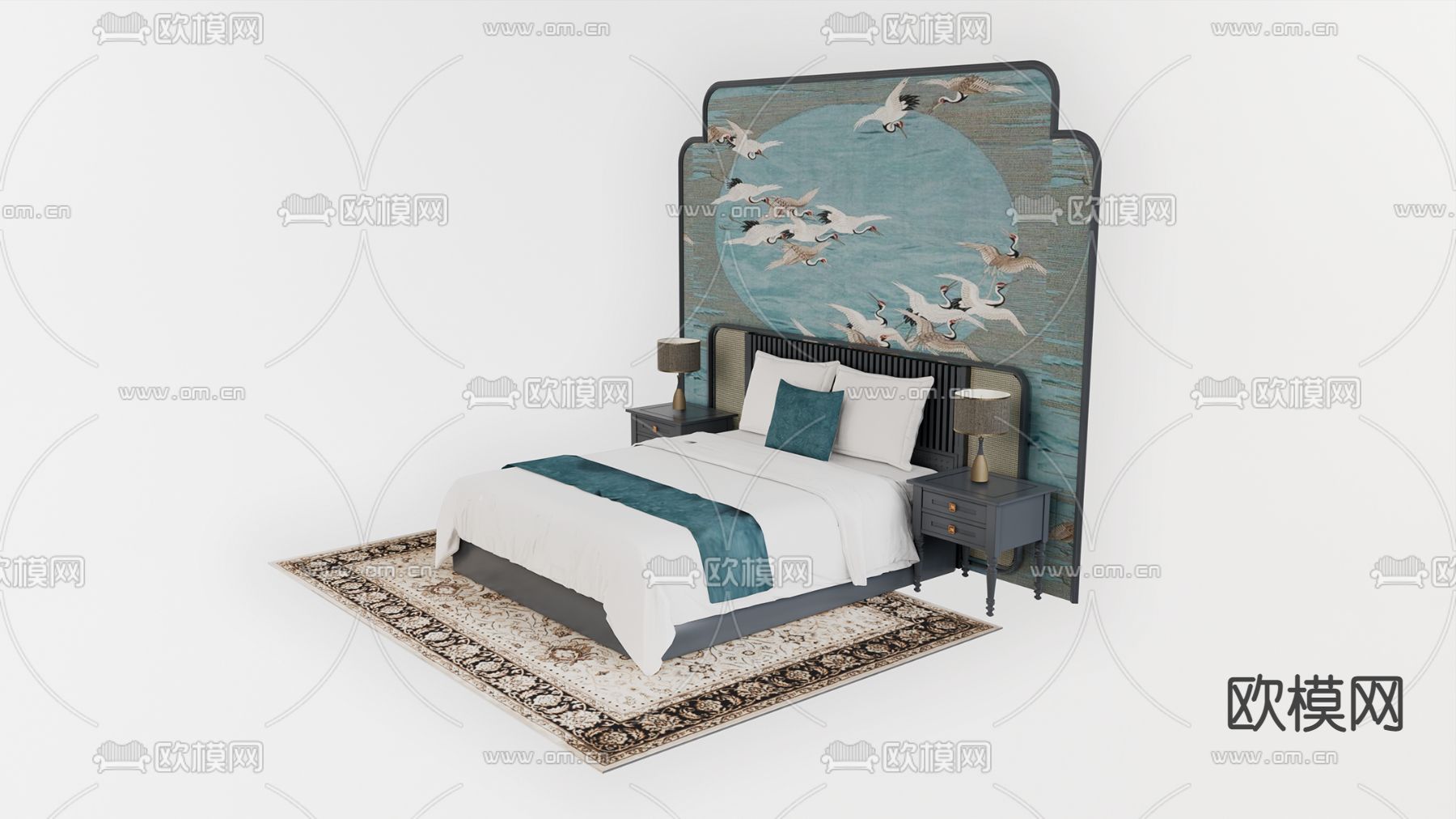新中式双人床su模型下载（渲染图1）