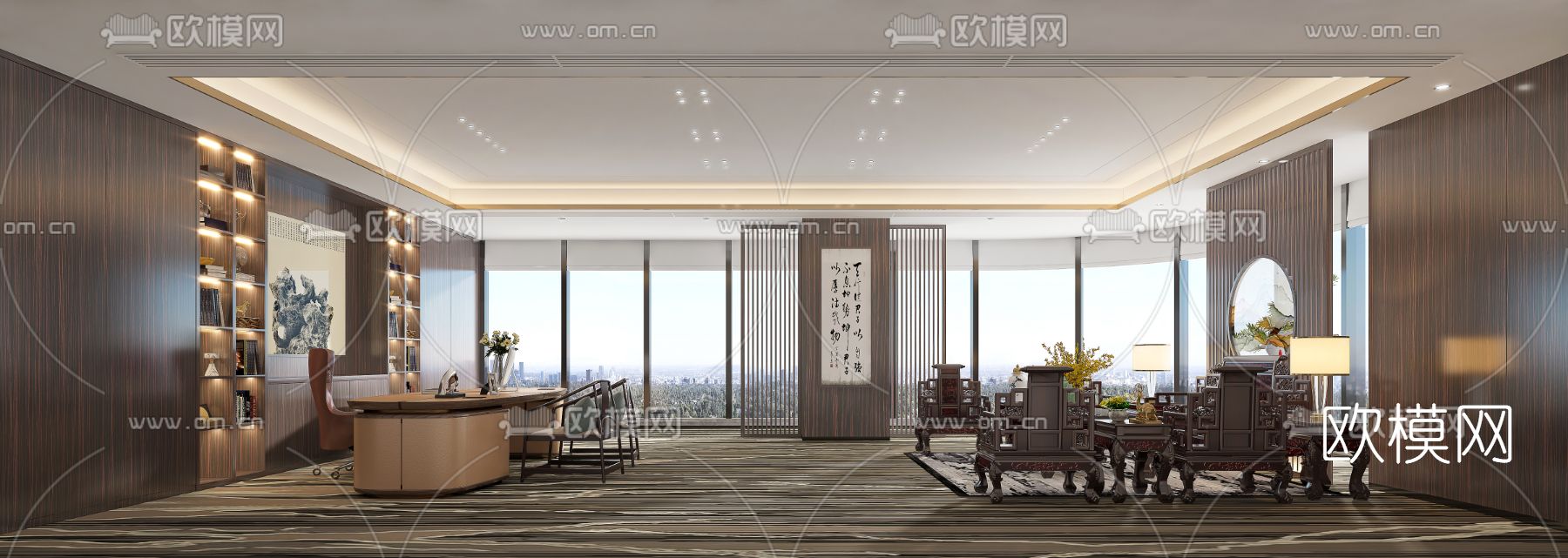 新中式总经理室3d模型下载