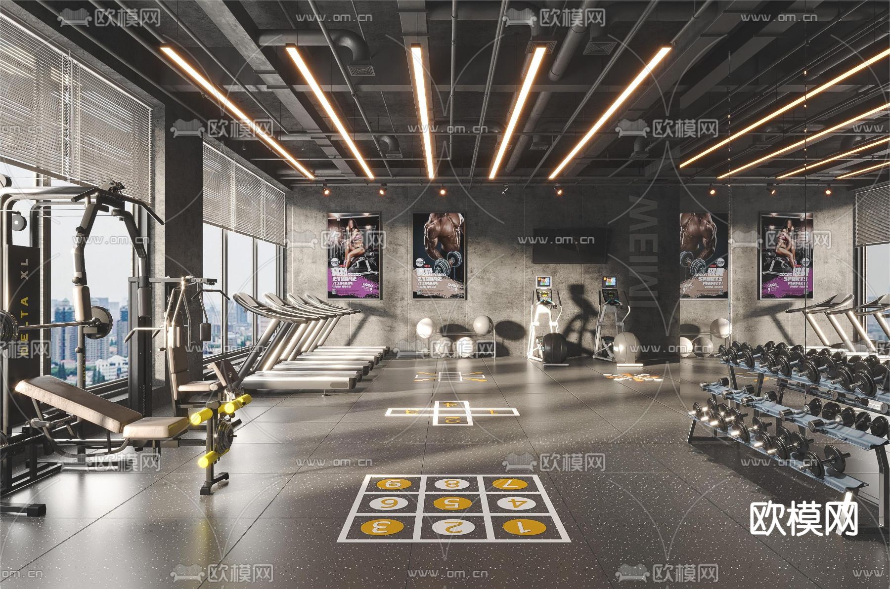 工业风健身房3d模型下载