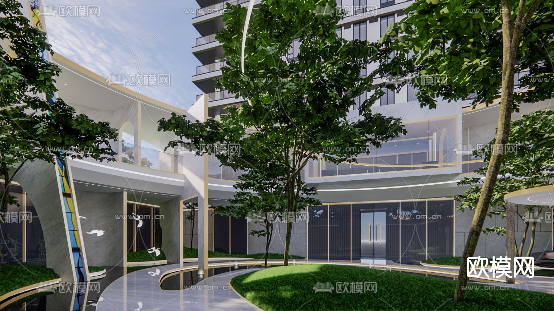 现代高端展示区下沉庭院景观su模型下载_ID12173438_sketchup模型下载-欧模网