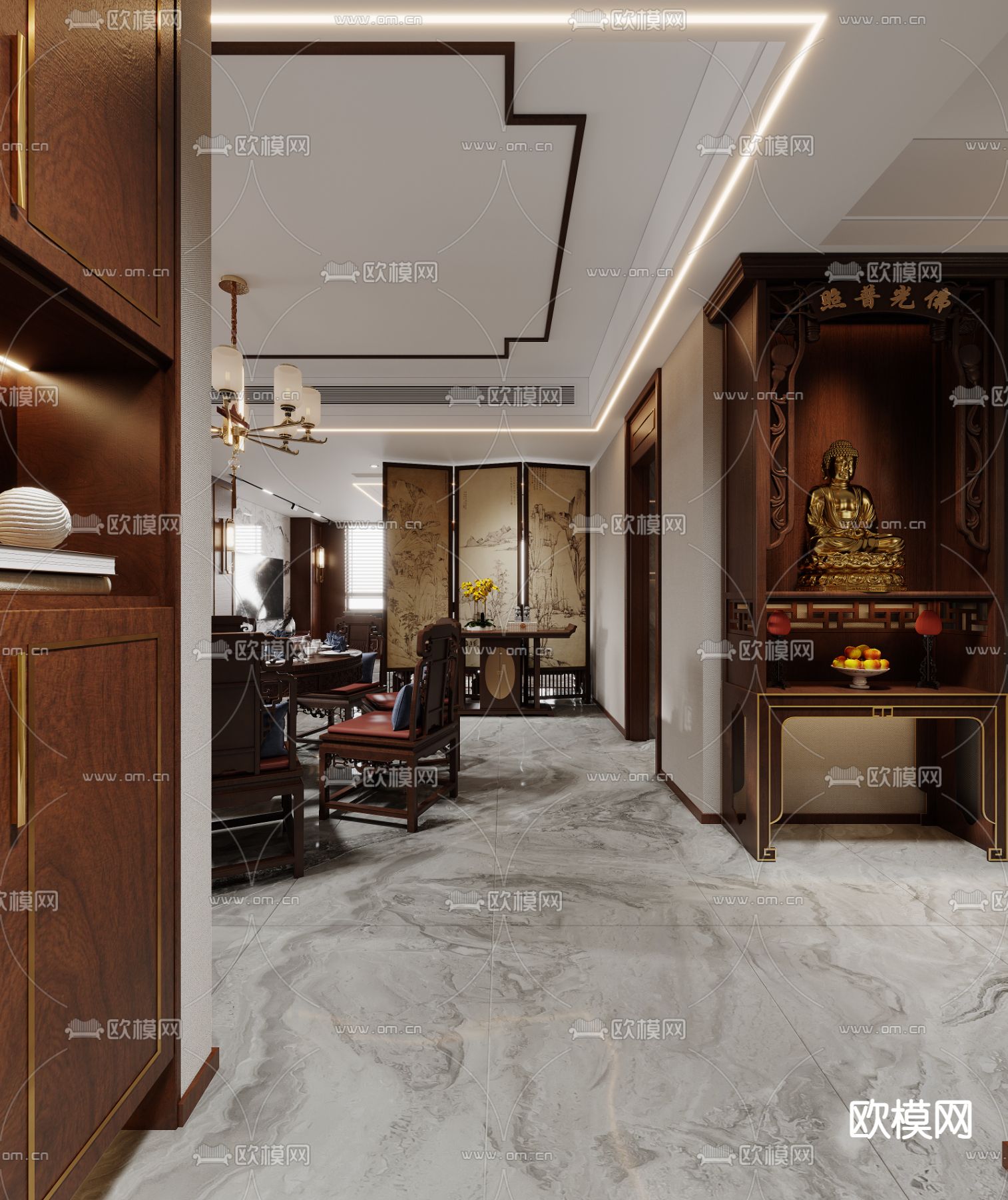 中式客餐厅3d模型下载（渲染图3）