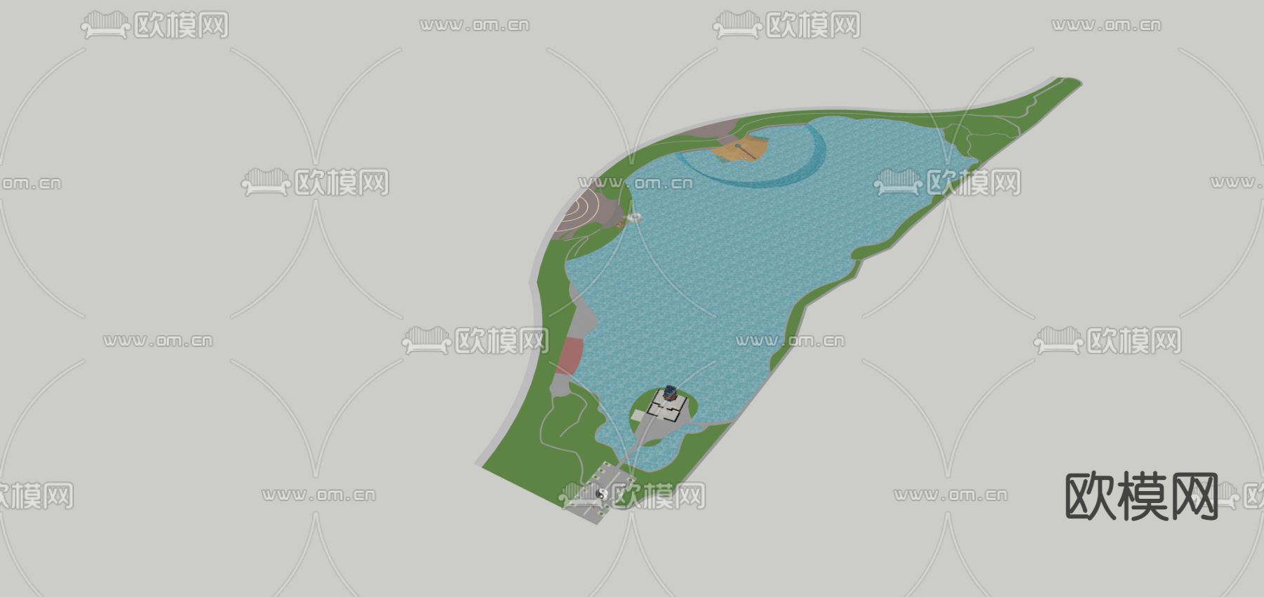 中式古建滨水公园su模型下载（渲染图1）