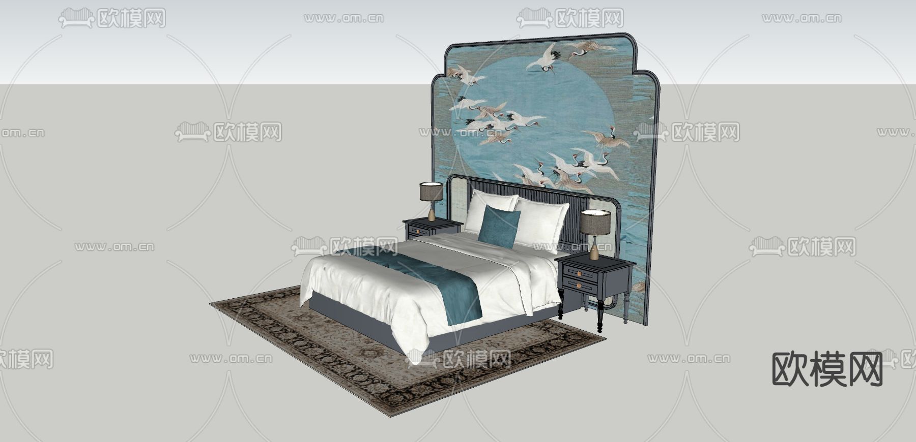 新中式双人床su模型下载（渲染图3）