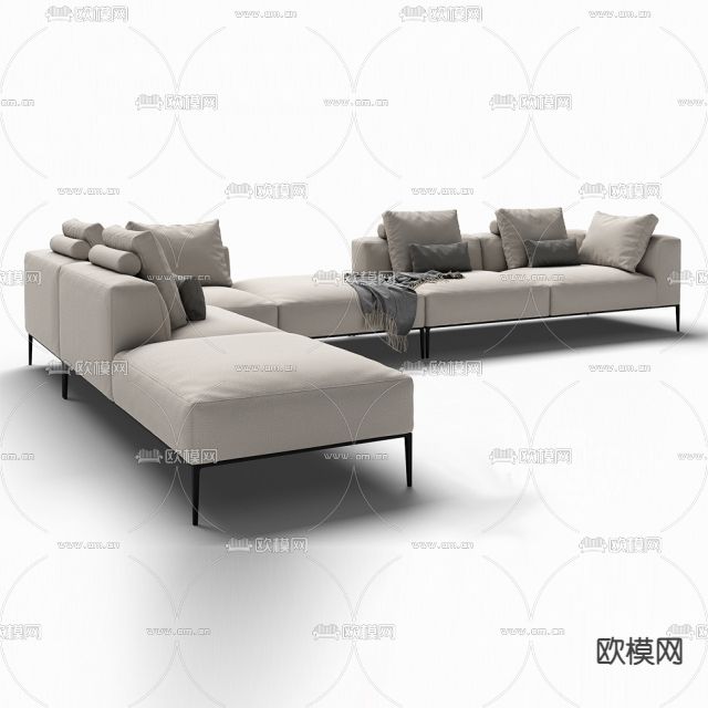 现代简约布艺不锈钢转角多人办公沙发免费3d模型下载