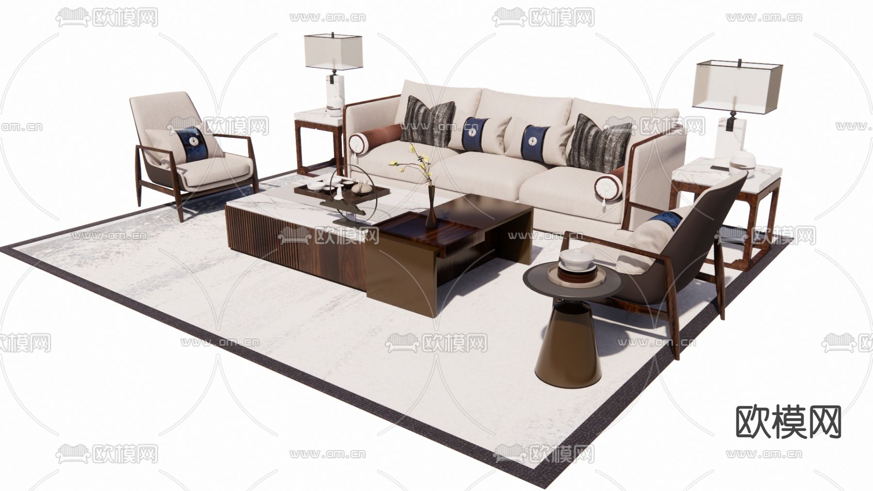 新中式组合沙发su模型下载（渲染图1）