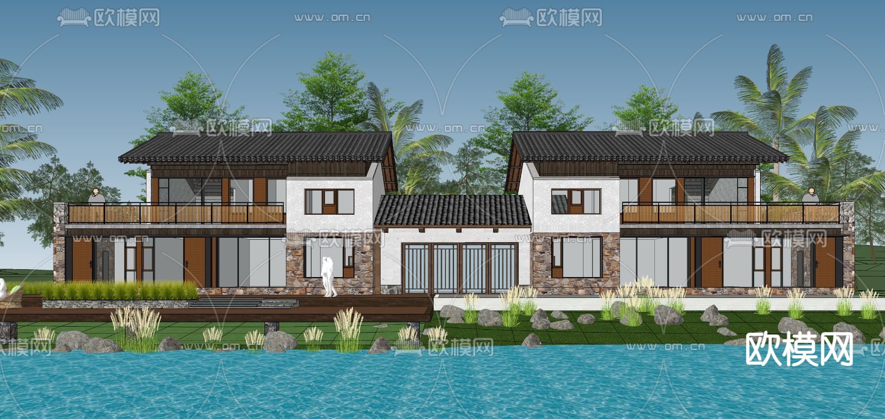 中式民宿外观su模型下载（渲染图2）