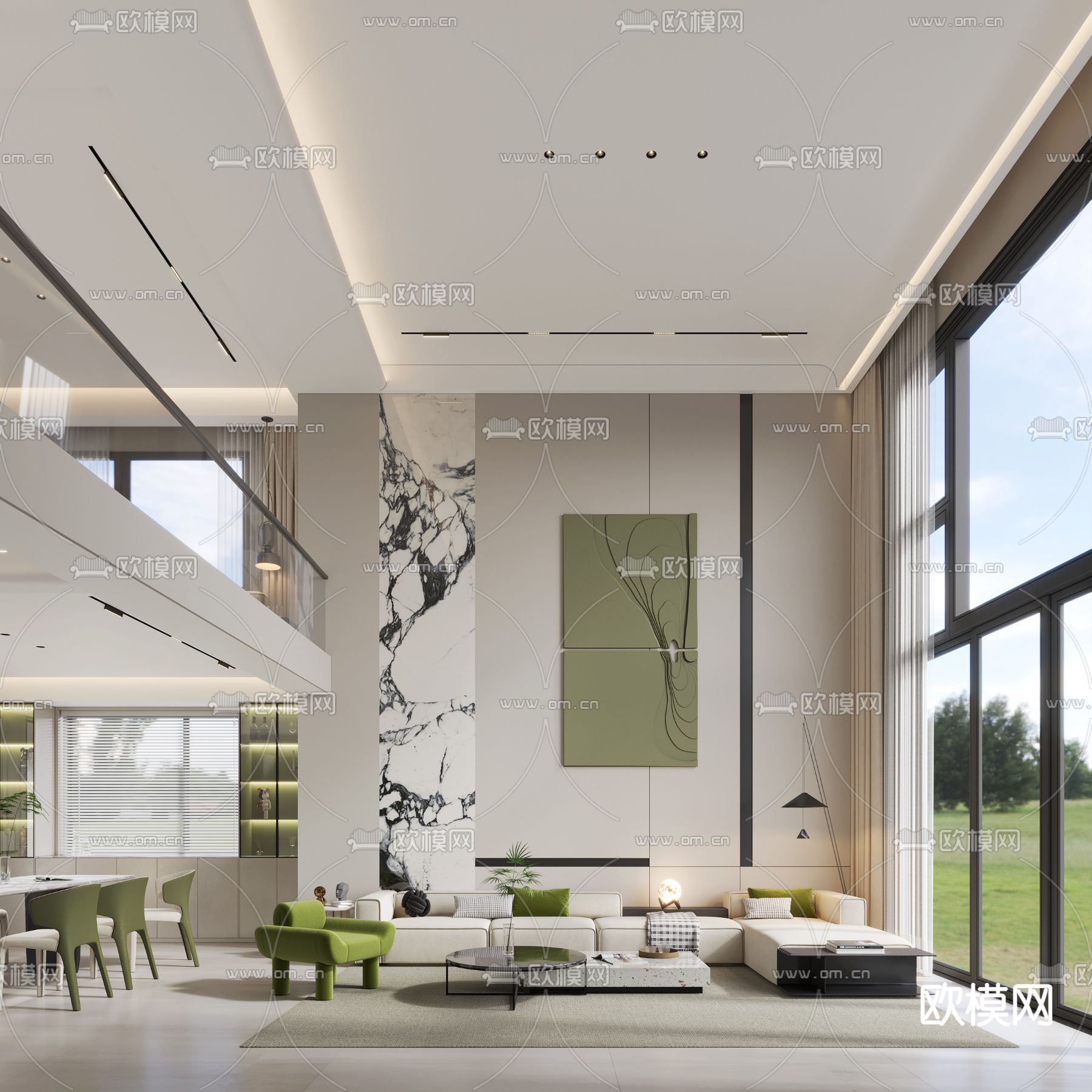 奶油风别墅客厅 别墅大堂3d模型下载（渲染图1）