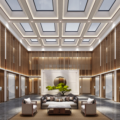  新中式酒店大堂 接待区su模型 