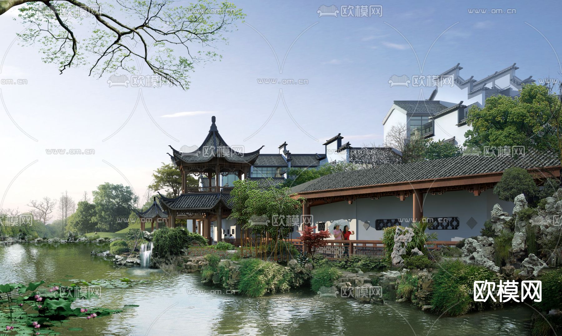 中式湿地廊桥外观psd下载