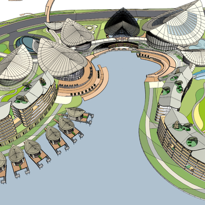  现代度假酒店鸟瞰su模型 