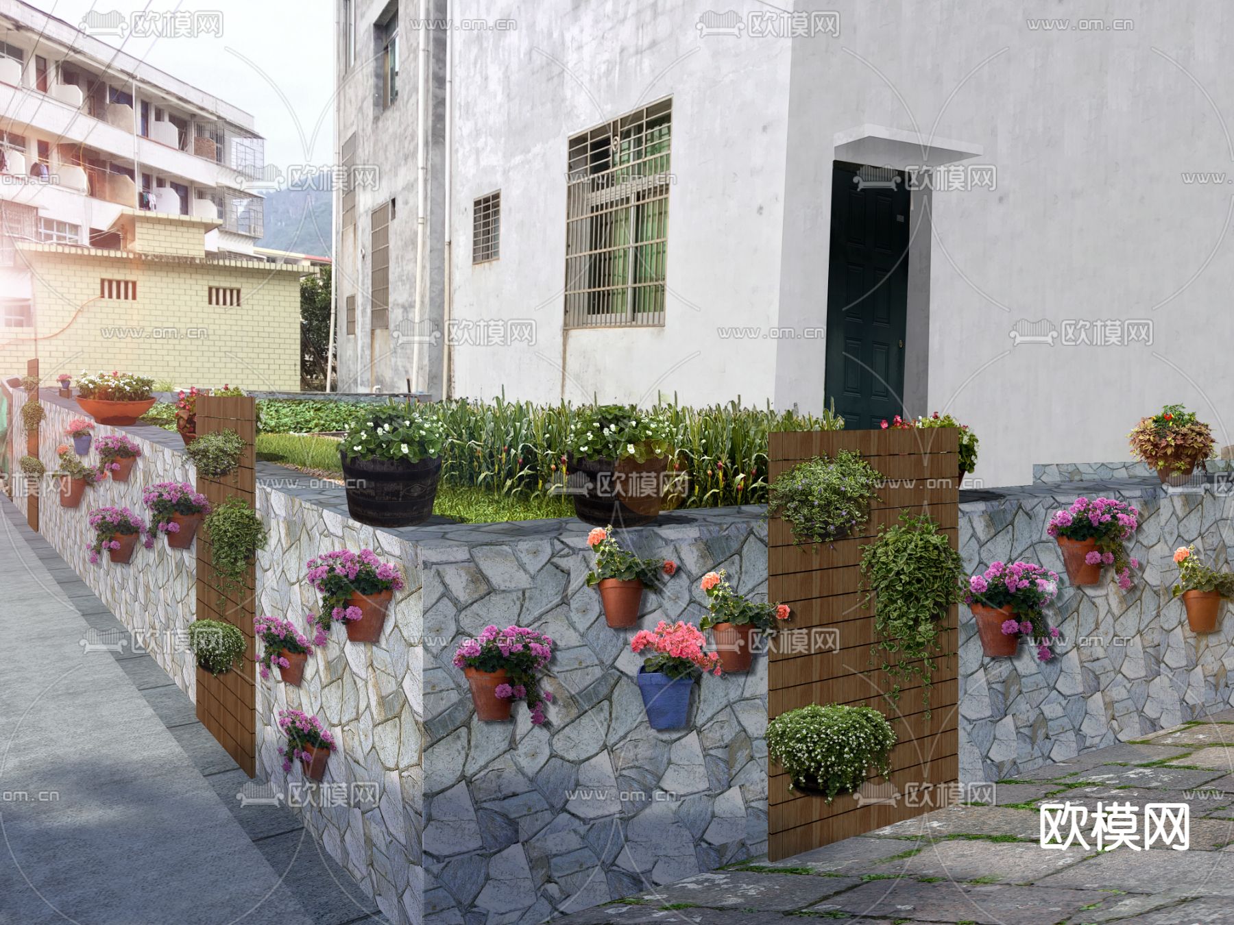 现代道路花卉盆栽psd下载