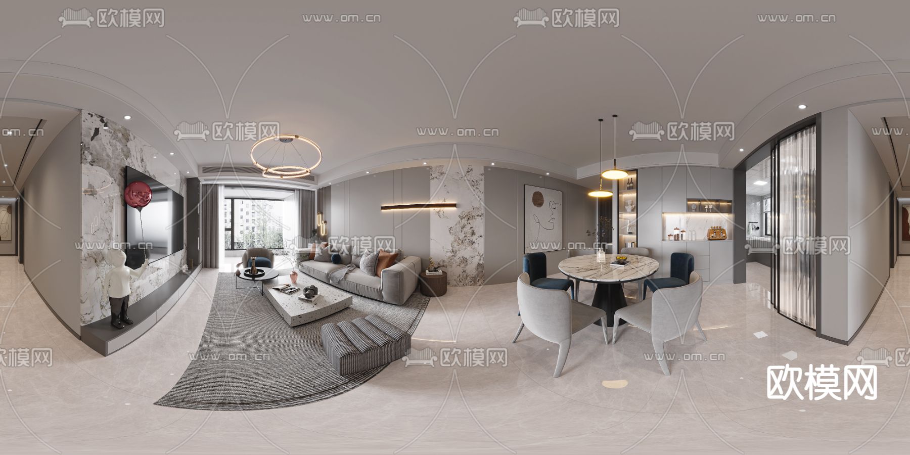 现代客厅餐厅vr全景3d模型