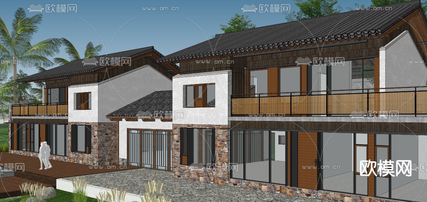 中式民宿外观su模型下载（渲染图3）