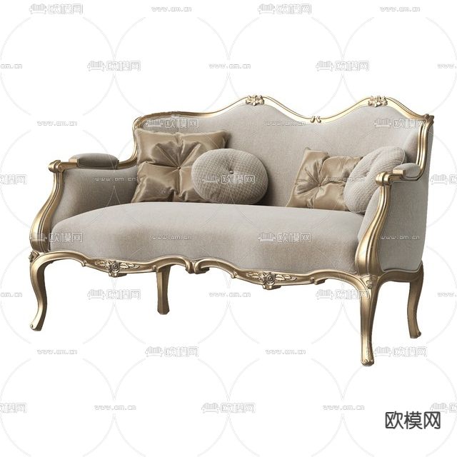 欧式轻奢描金实木雕花布艺双人沙发免费3d模型下载