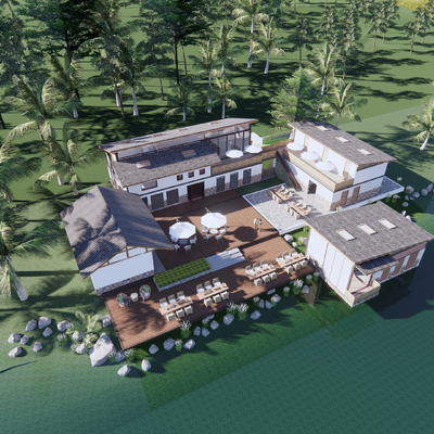  新中式民宿鸟瞰su模型 