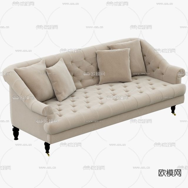 简欧创意布艺实木多人沙发免费3d模型下载