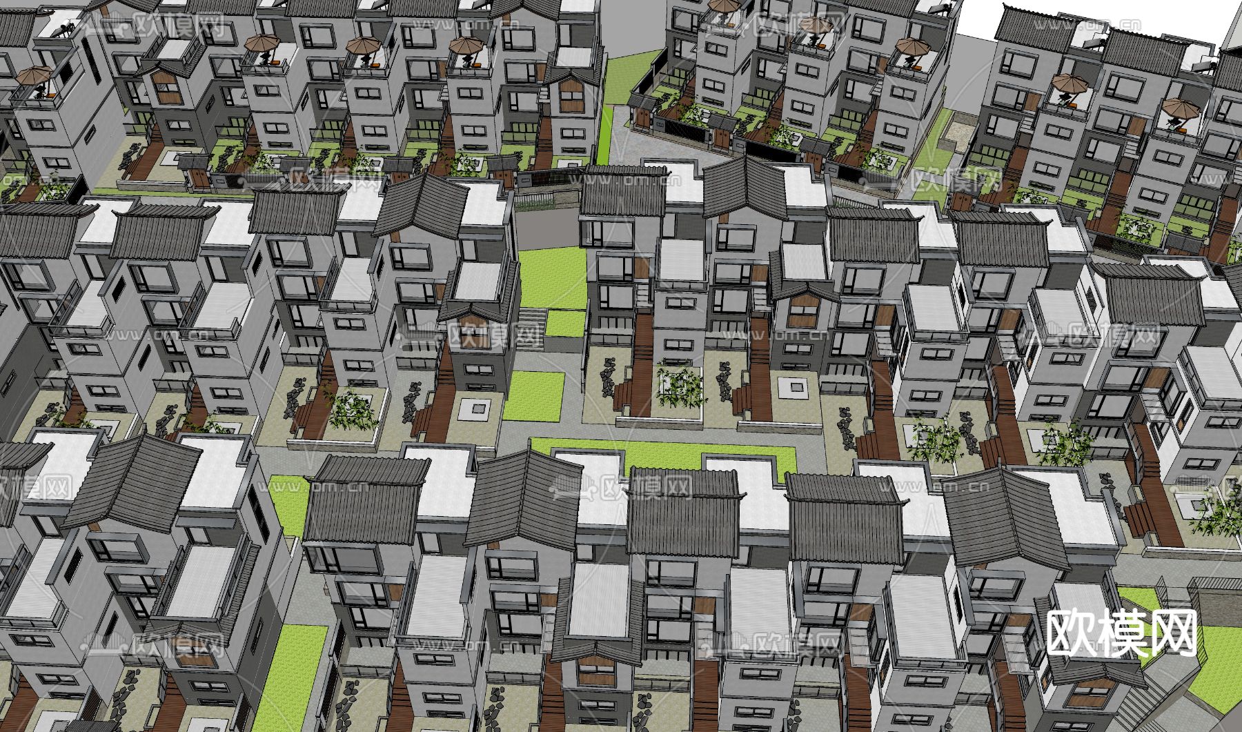 中式别墅区鸟瞰su模型下载（渲染图3）