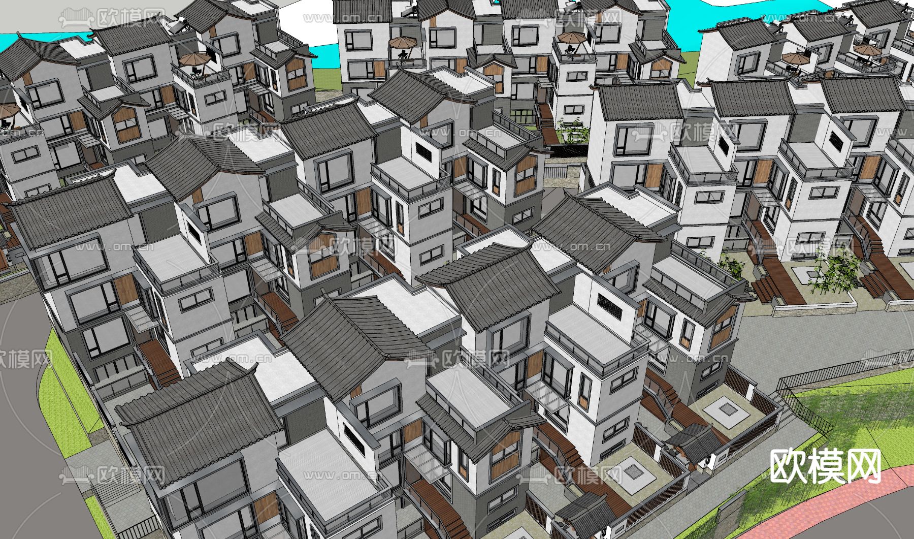 中式别墅区鸟瞰su模型下载（渲染图2）