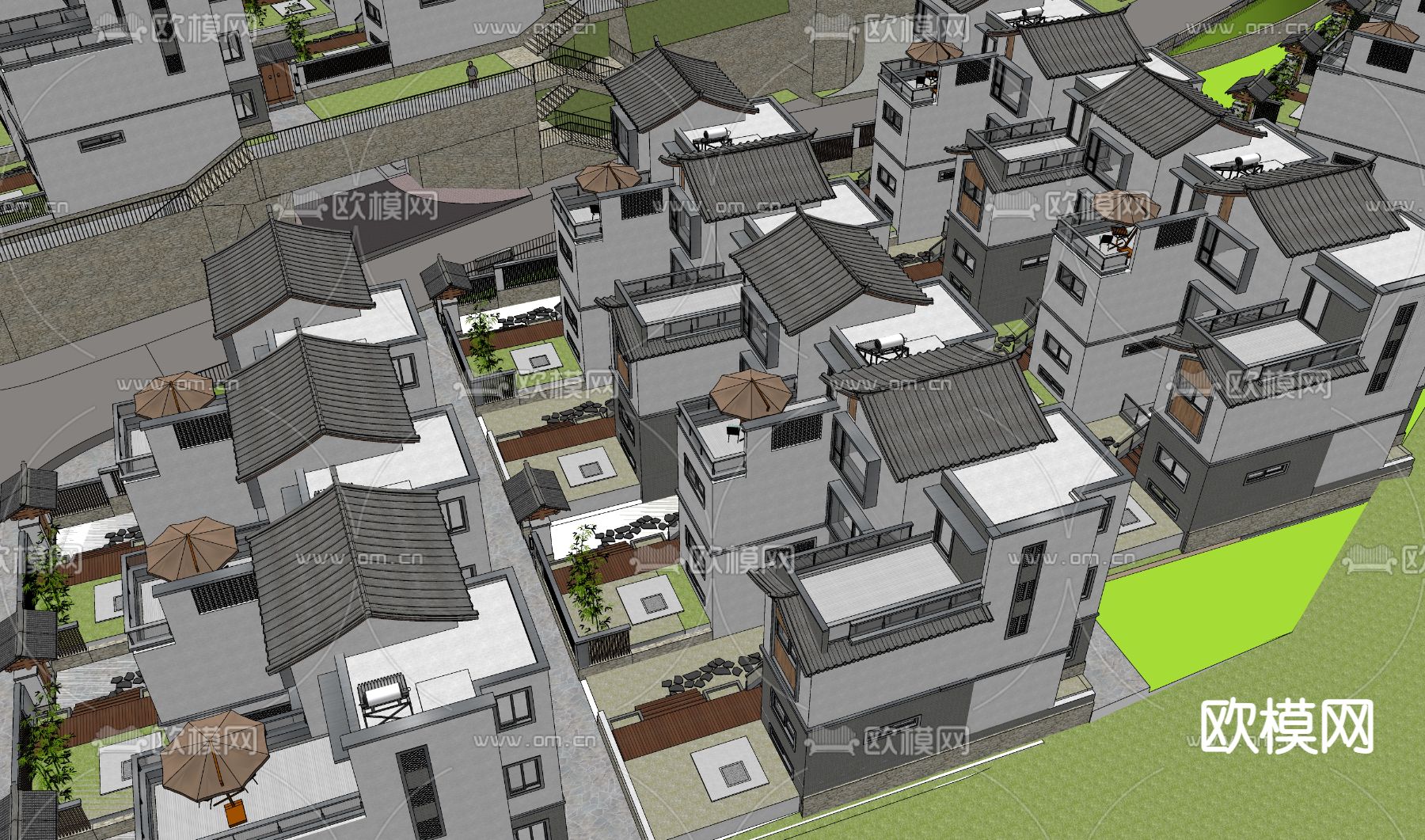中式别墅区鸟瞰su模型下载（渲染图1）