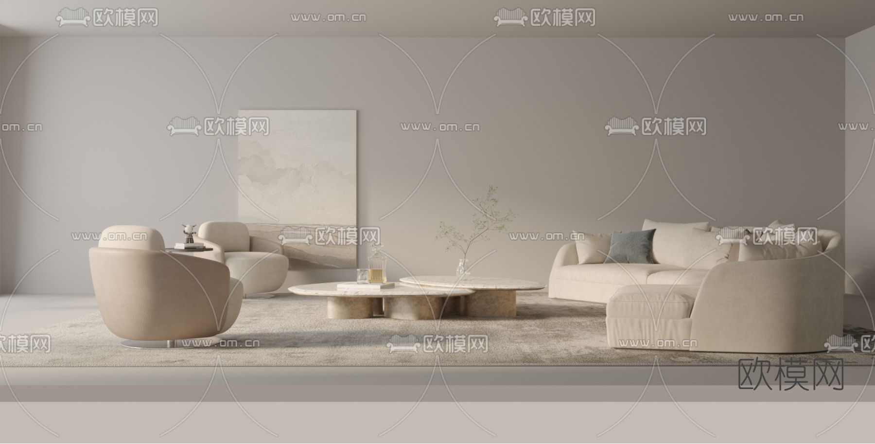 奶油风组合沙发3d模型下载_ID12177753_3dmax免费模型-欧模网