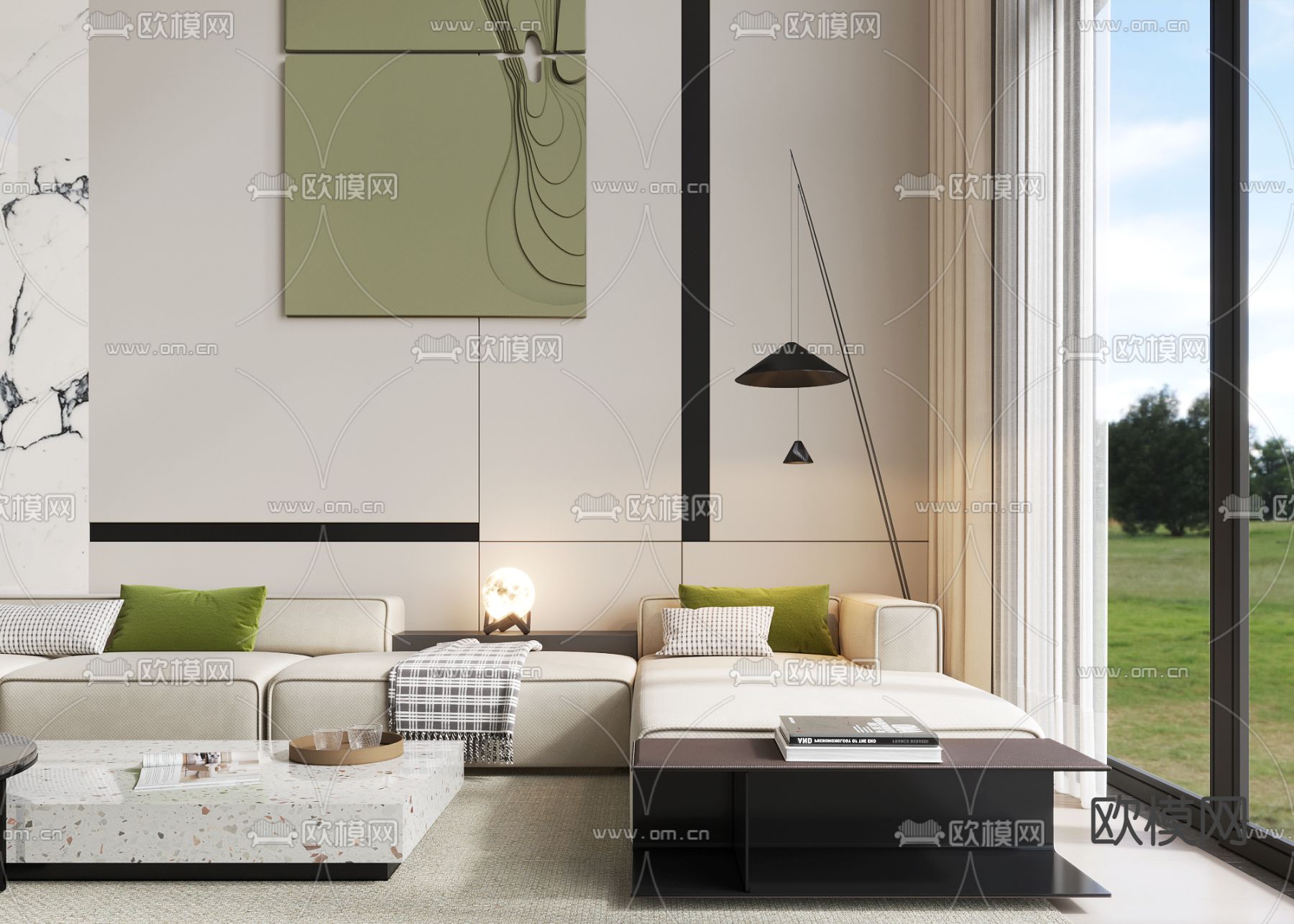 奶油风别墅客厅 别墅大堂3d模型下载（渲染图3）