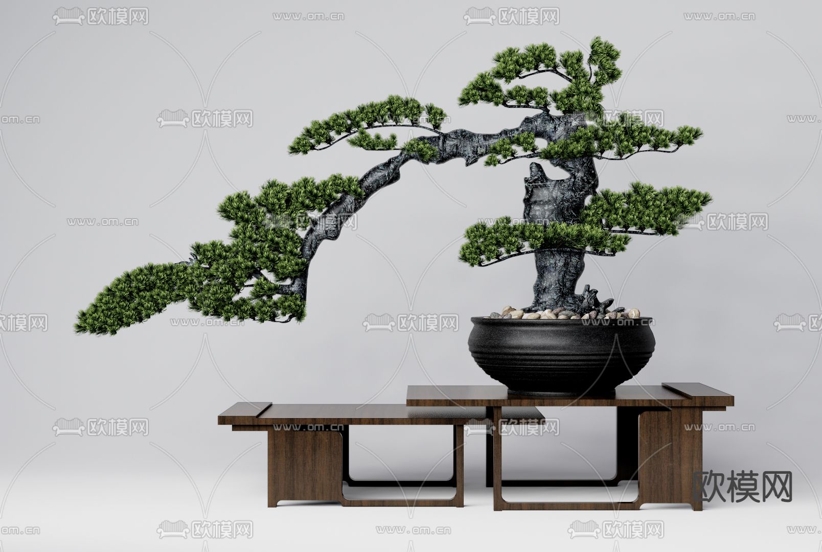 新中式迎客松盆栽 盆景su模型下载（渲染图1）