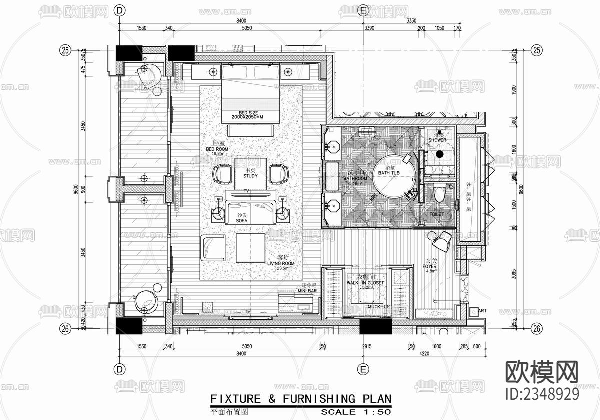 100㎡酒店客房CAD施工图下载（渲染图1）