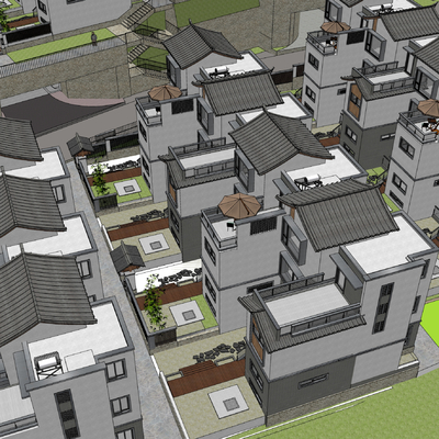  中式别墅区鸟瞰su模型 