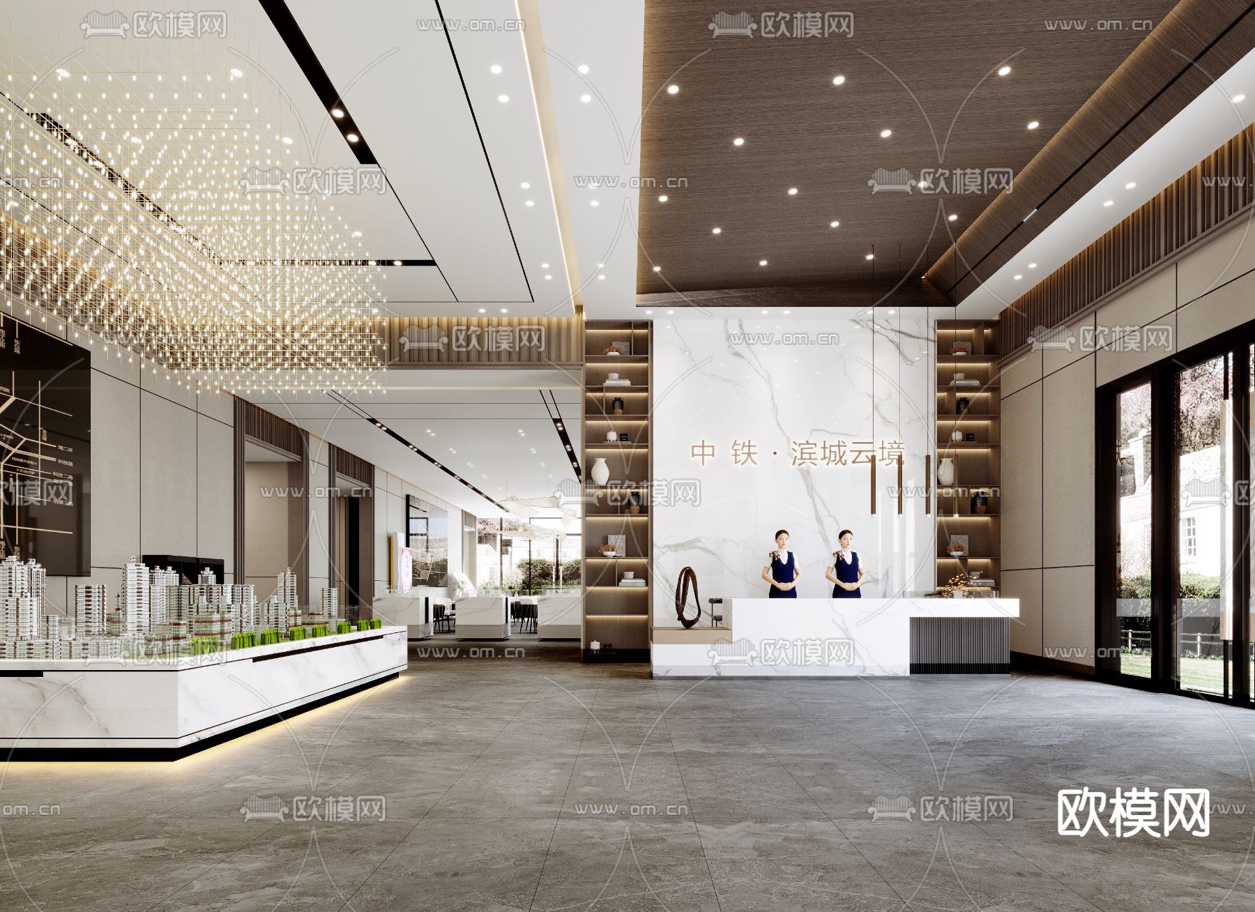 轻奢售楼处接待区 沙盘区3d模型下载（渲染图1）