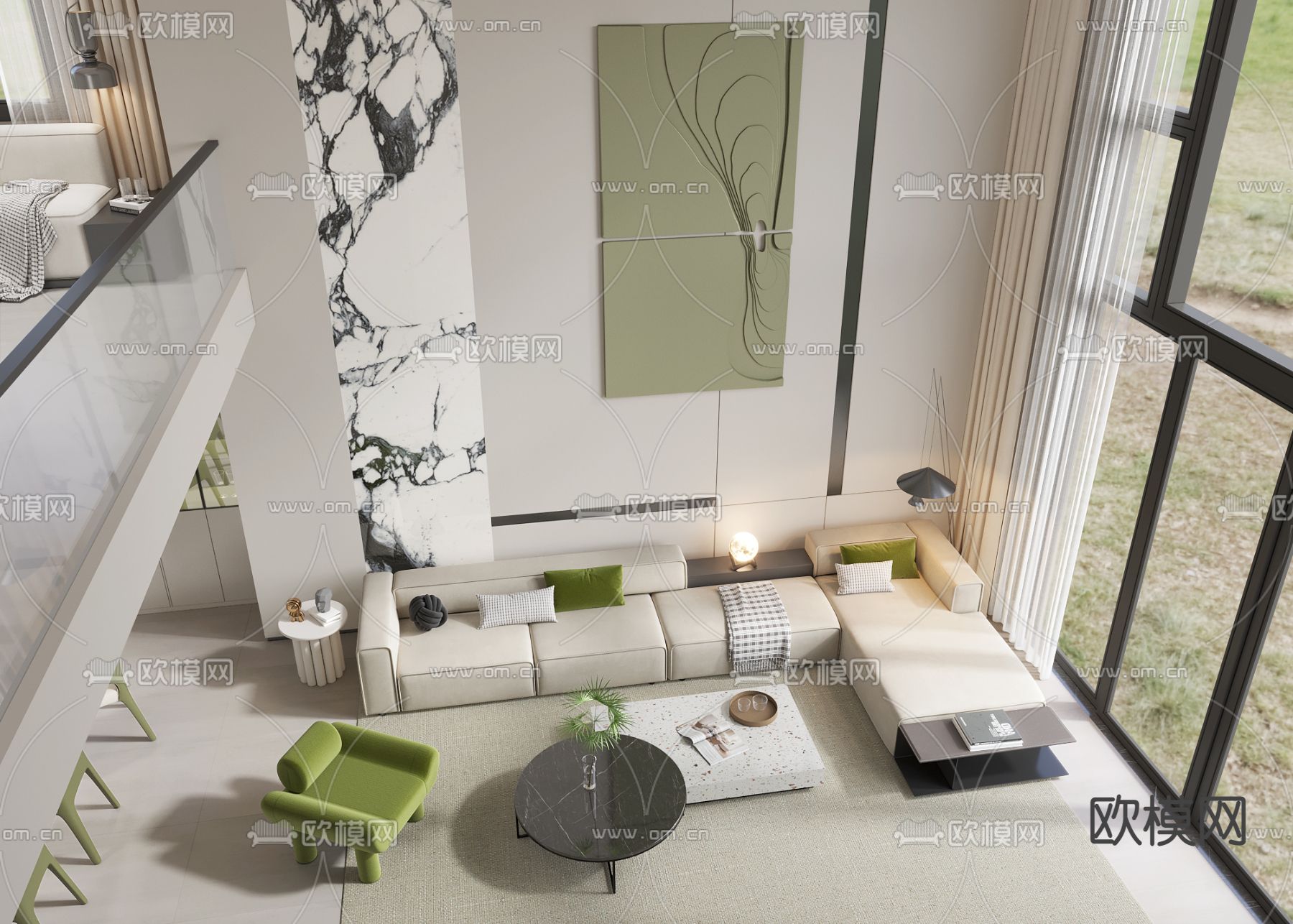 奶油风别墅客厅 别墅大堂3d模型下载（渲染图2）