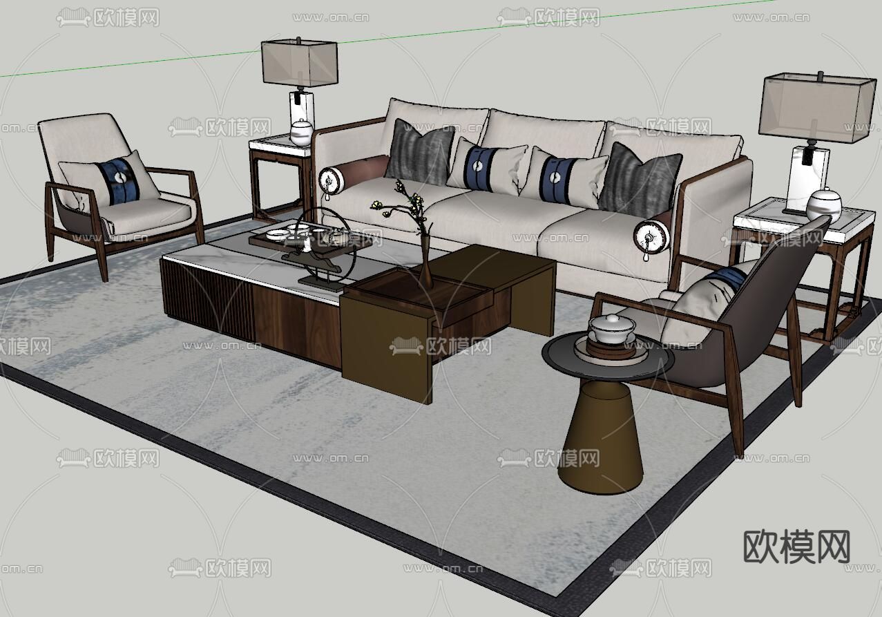 新中式组合沙发su模型下载（渲染图2）