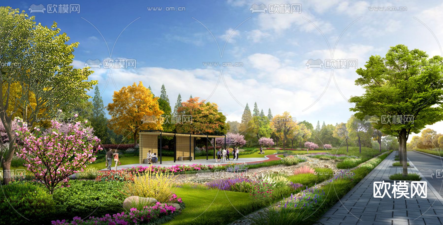 现代绿植造景小品公园psd下载