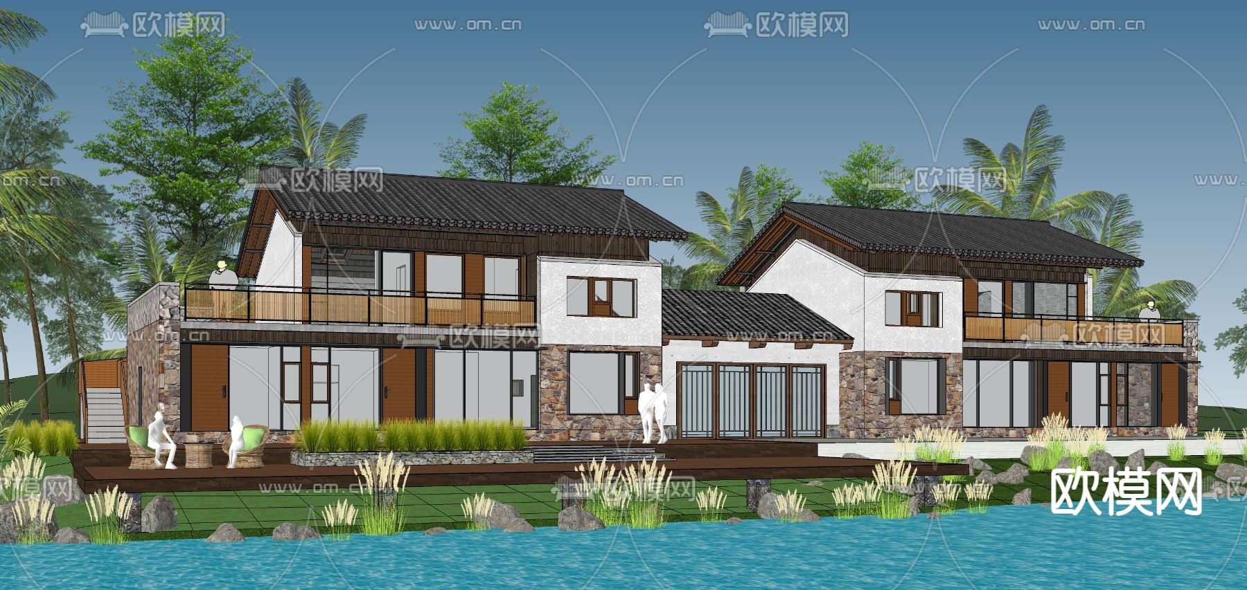 中式民宿外观su模型下载（渲染图1）