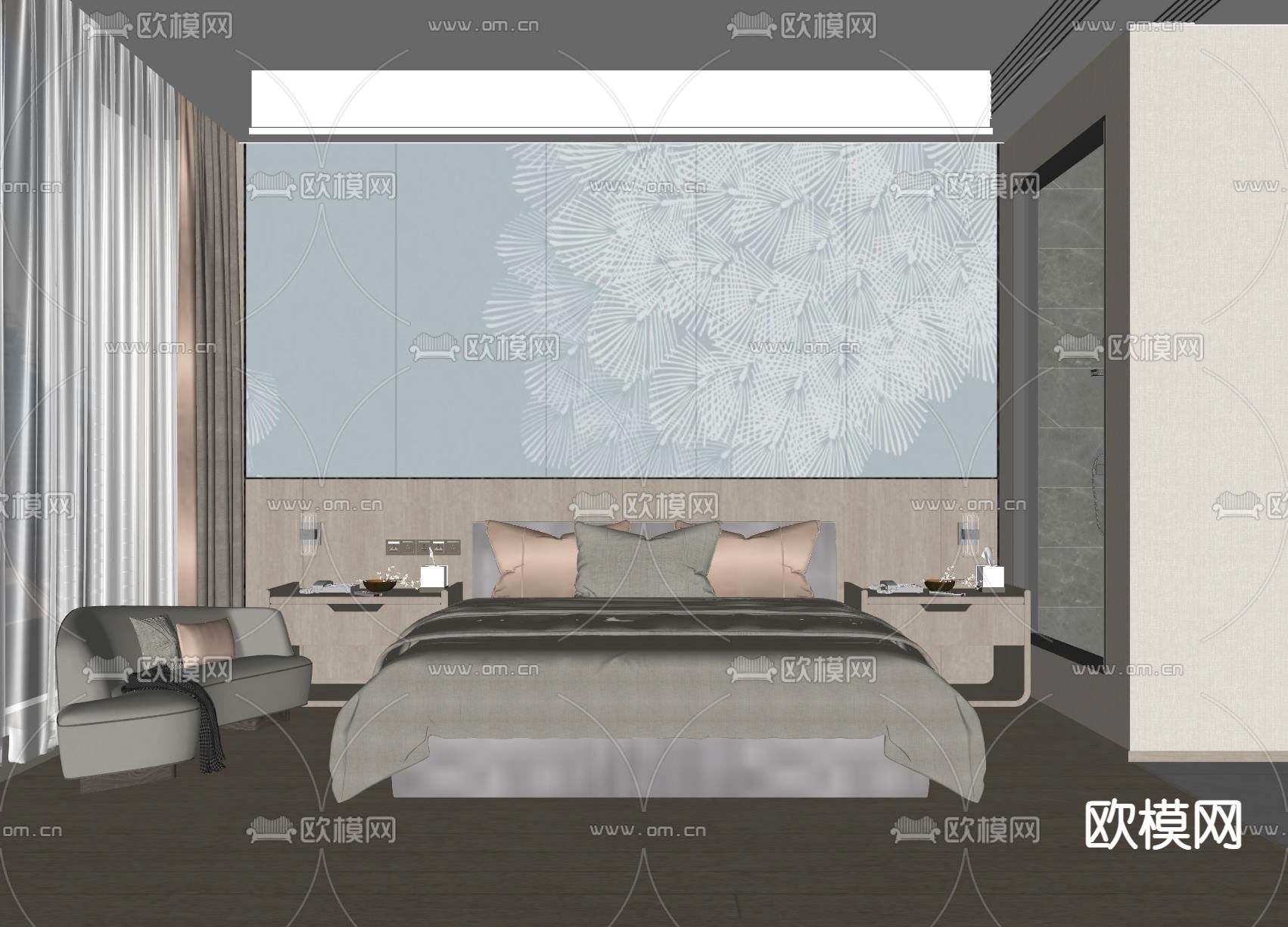 现代酒店客房su模型下载（渲染图2）