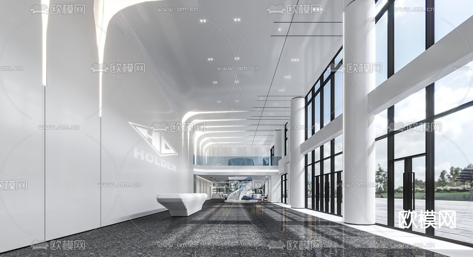 现代办公楼大堂 商务大堂3d模型下载（渲染图2）